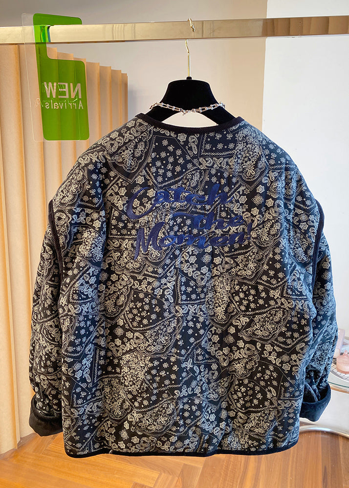 O Fine Boutique Black Neck Jackets Filled Pockets Print Cotton