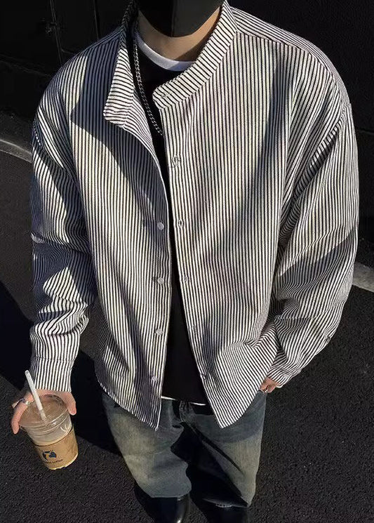 Boutique Black Shirts Spring Striped Button Men's Cotton