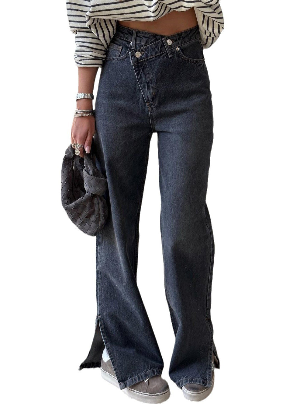 Boutique Blue Asymmetrical Pockets Denim Flared Trousers Spring QQ1042