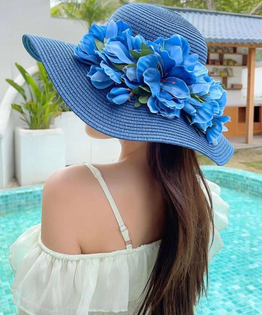 Chapeau de soleil tissé en paille à motif floral bleu Boutique YU1004