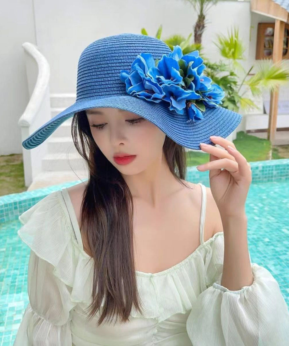 Chapeau de soleil tissé en paille à motif floral bleu Boutique YU1004