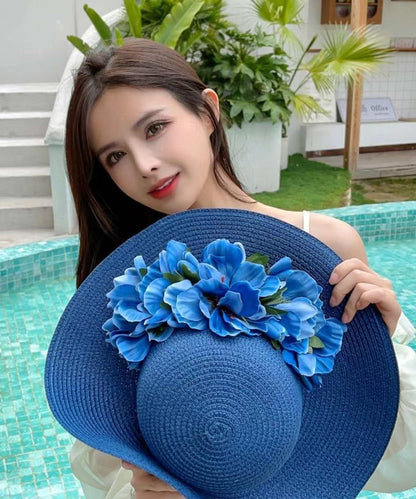 Chapeau de soleil tissé en paille à motif floral bleu Boutique YU1004