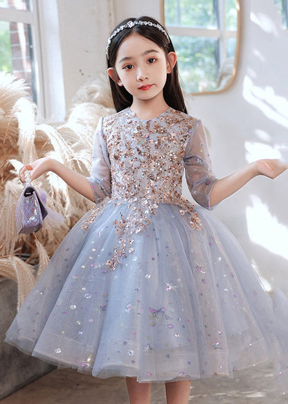 Boutique Robe longue en tulle à paillettes et col rond bleu pour enfants, manches mi-longues, QV007