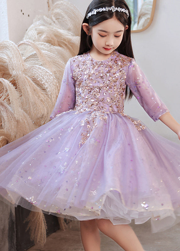 Boutique Robe longue en tulle à paillettes et col rond bleu pour enfants, manches mi-longues, QV007