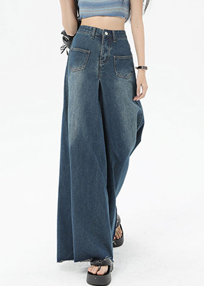 Pantalon large en denim taille haute avec poches bleues Boutique Été QQ1032