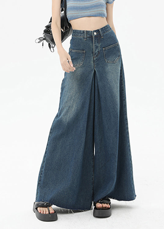 Pantalon large en denim taille haute avec poches bleues Boutique Été QQ1032