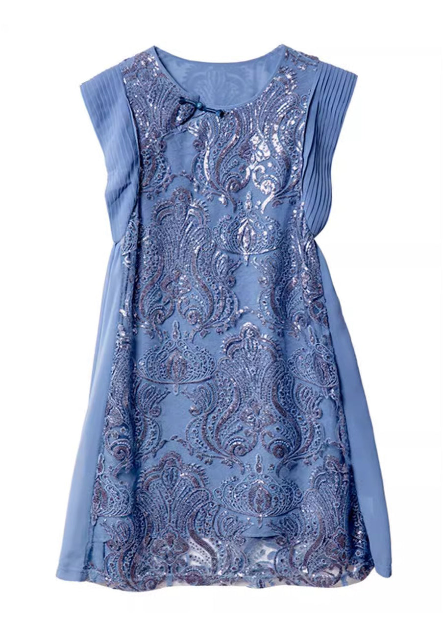 Embroidered Blue Chiffon Boutique Sequins Summer Dresses