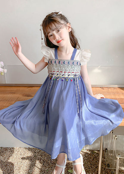 Boutique Blue Square Collar Patchwork Tassel Chiffon Kids Long Dresses Sleeveless MN007