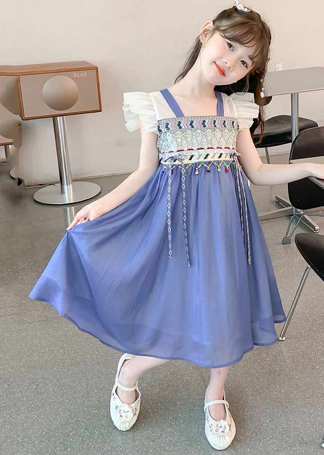 Boutique Blue Square Collar Patchwork Tassel Chiffon Kids Long Dresses Sleeveless MN007