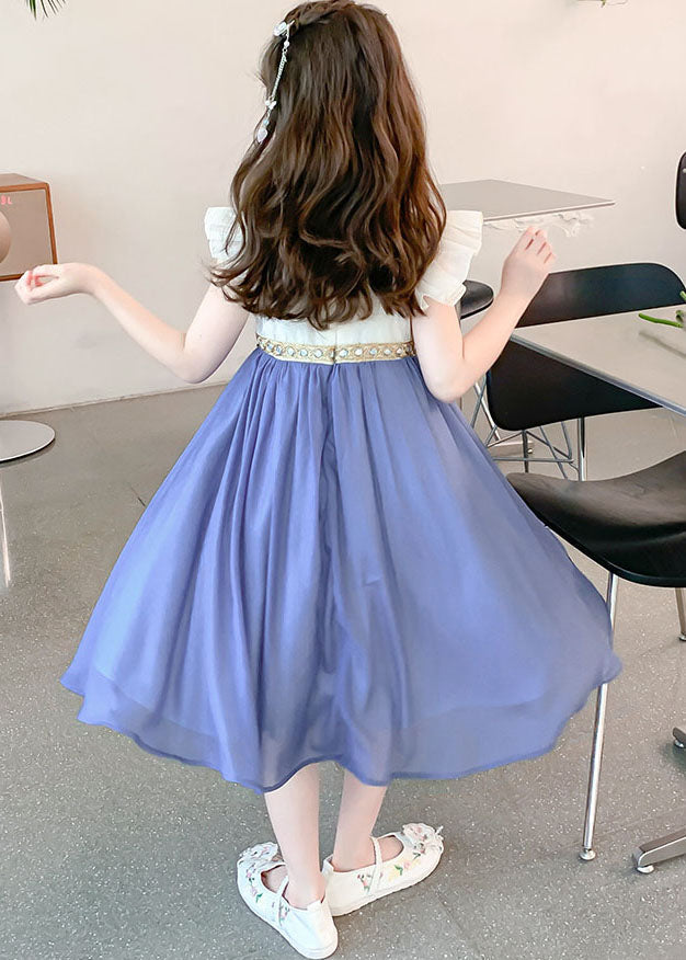 Boutique Blue Square Collar Patchwork Tassel Chiffon Kids Long Dresses Sleeveless MN007