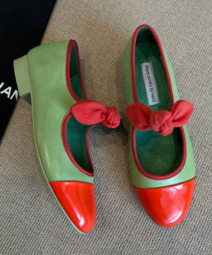 Shoes Green Bow Leather Flat Feet Boutique Splicing Cowhide