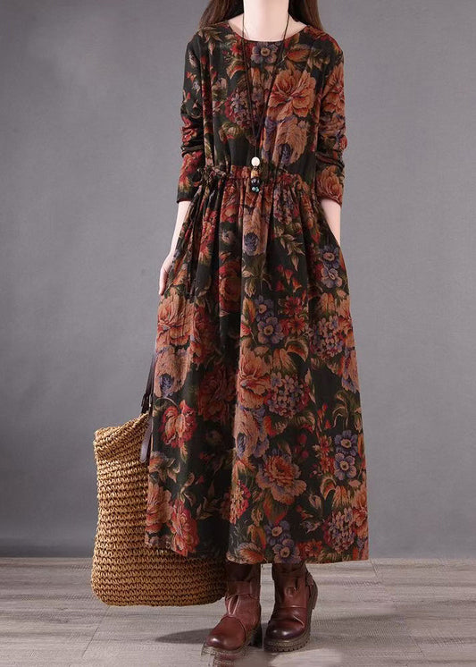 Cinched Holiday Print Dress Boutique Cotton Spring Brown