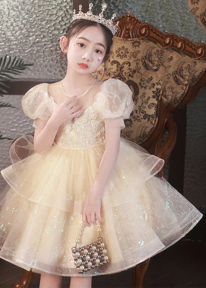 Boutique Champagne O-Neck Tulle Girls Mid Princess Dress Short Sleeve XZ032