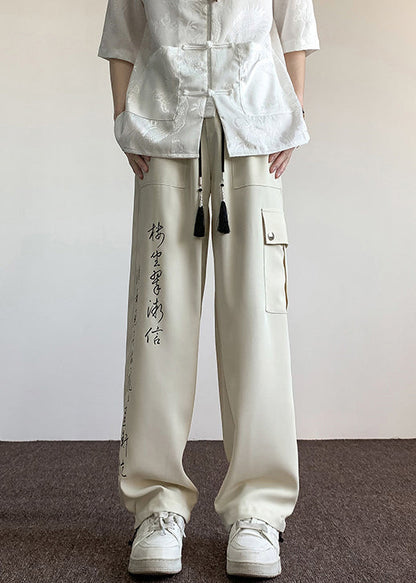 Boutique Chinese Style Beige Pockets Print Ice Silk Men Pants Summer YT049