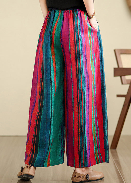 Boutique Colorblock Pockets Striped Linen Wide Leg Pants Summer TH052