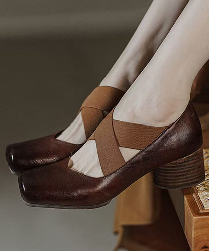 Boutique Heel Chunky Cross Red Strap Horsehide Leather Splicing