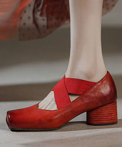 Boutique Heel Chunky Cross Red Strap Horsehide Leather Splicing