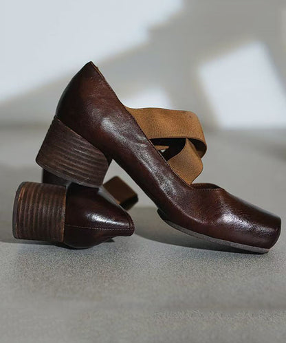 Boutique Heel Chunky Cross Red Strap Horsehide Leather Splicing