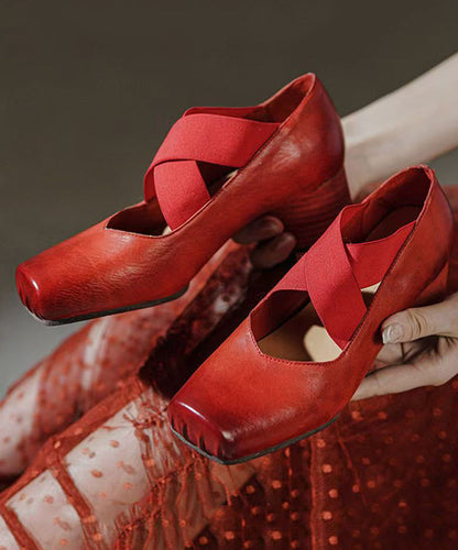 Boutique Heel Chunky Cross Red Strap Horsehide Leather Splicing