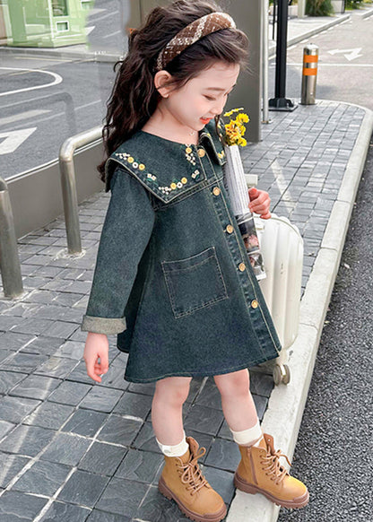 Boutique Denim Blue Peter Pan Collar Patchwork Pockets Kids Maxi Dresses Spring TV034