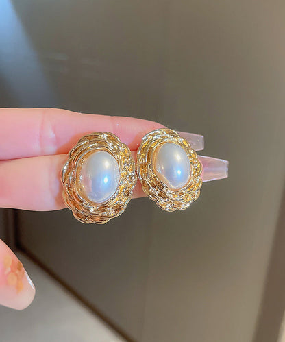 Copper Alloy Boutique Stud Earrings Pearl Gold
