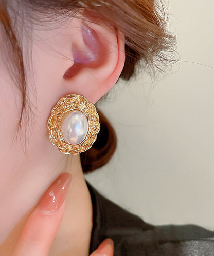 Copper Alloy Boutique Stud Earrings Pearl Gold