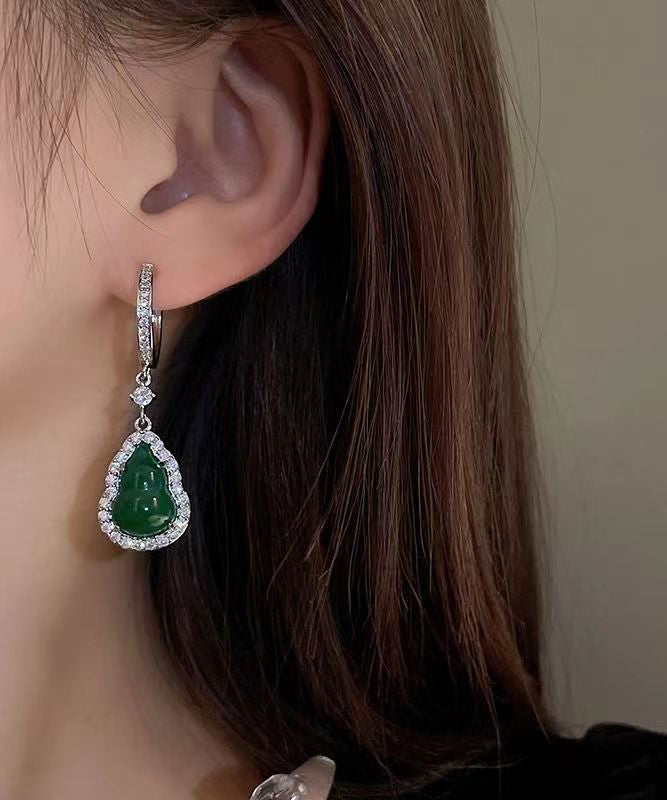 Boutique Green Sterling Silver Inlaid Zircon Jade Gourd Drop Earrings ZZ076