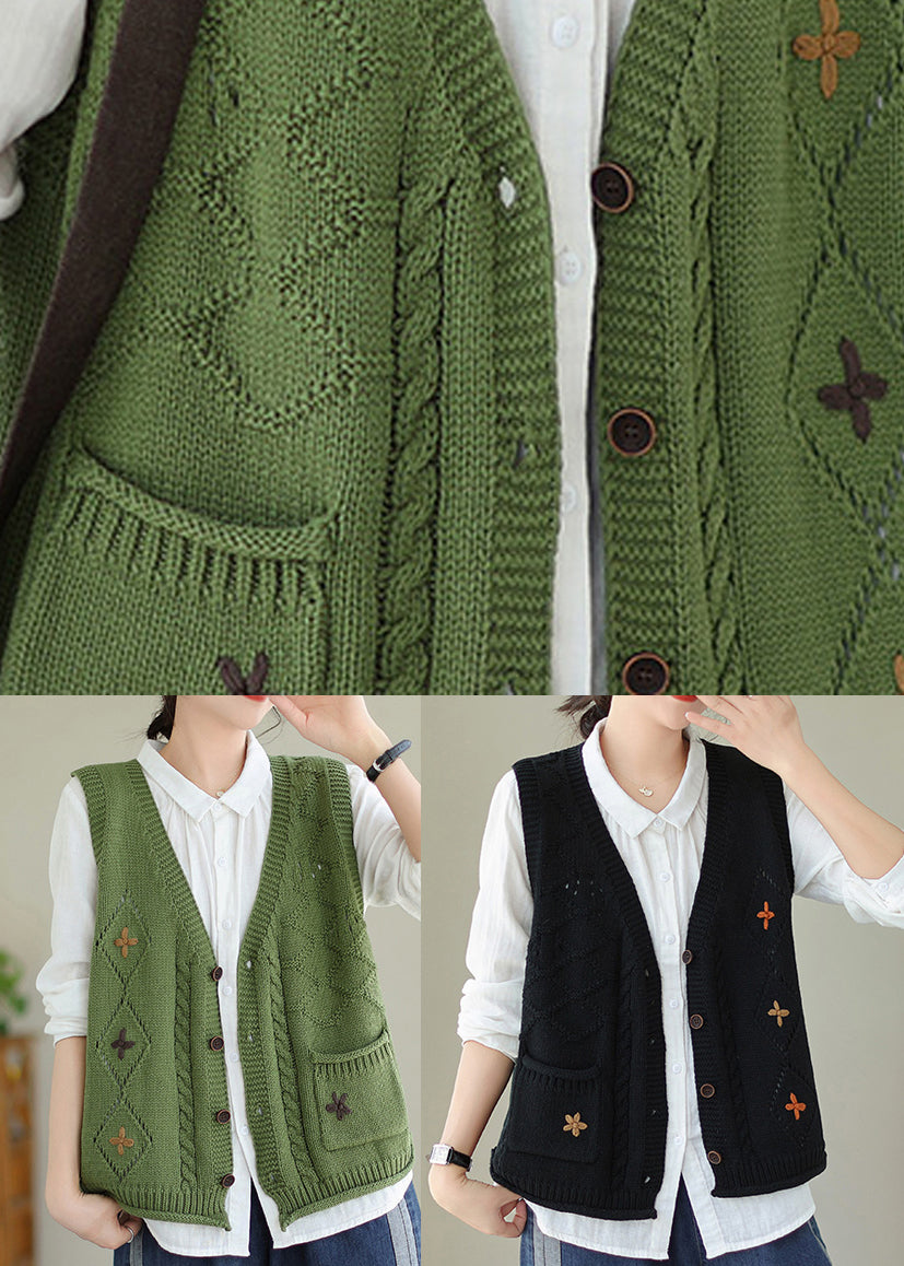 Boutique Green V Neck Embroidered Knit Vest Fall QA033