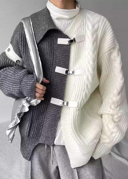 Boutique Grey Asymmetrical Buckle Patchwork Knit Sweaters Spring YY036