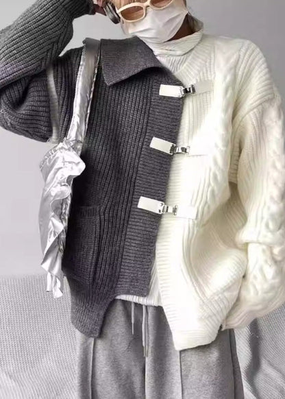 Boutique Grey Asymmetrical Buckle Patchwork Knit Sweaters Spring YY036
