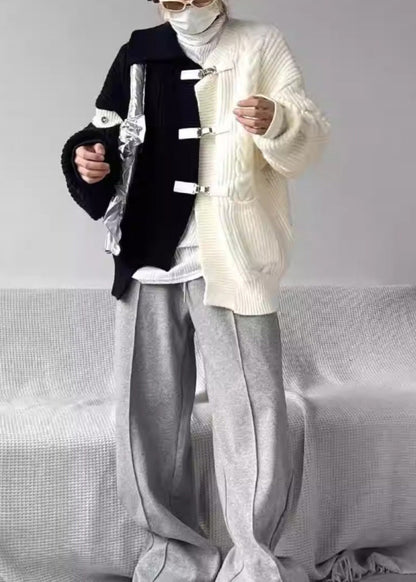 Boutique Grey Asymmetrical Buckle Patchwork Knit Sweaters Spring YY036