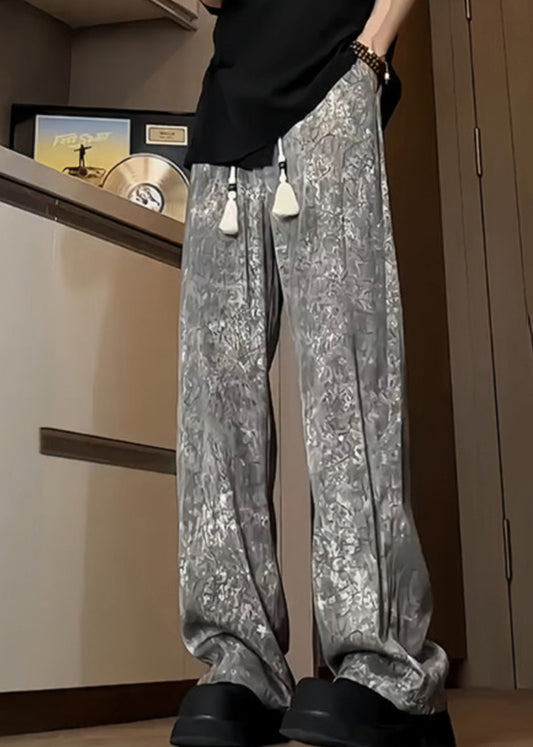 Boutique Grey Pockets Print Ice Silk Mens Trousers Summer SA037