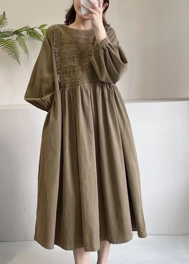 Khaki Corduroy Boutique Dress Maxi Spring Embroidered