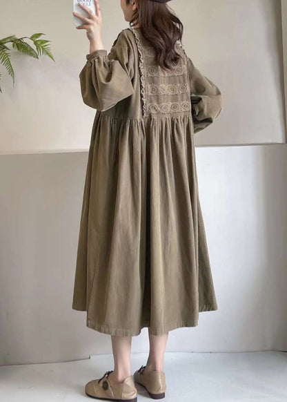 Khaki Corduroy Boutique Dress Maxi Spring Embroidered