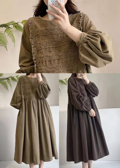 Khaki Corduroy Boutique Dress Maxi Spring Embroidered