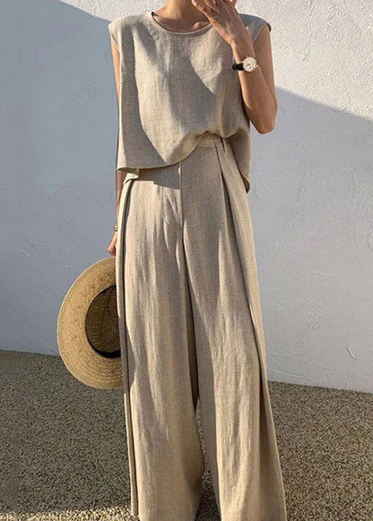 Shirt Pieces T Wide And Pants O-Neck Two Khaki Set Leg Boutique