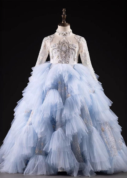 Spring Nail Blue Light Bead Maxi Kids Dresses Boutique Tulle