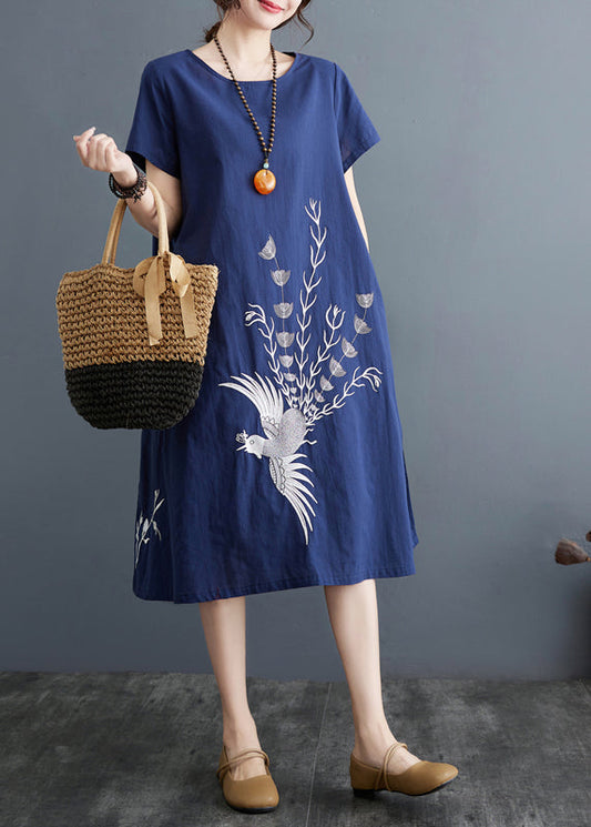 Linen Navy Summer Phoenix Embroidered Boutique Dress