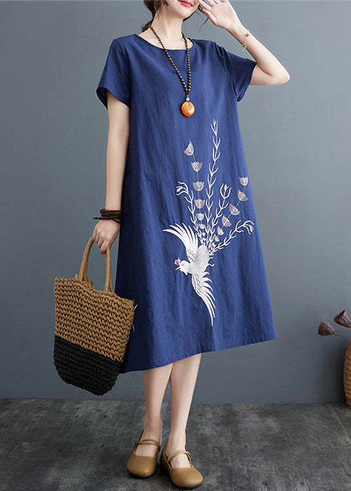 Linen Navy Summer Phoenix Embroidered Boutique Dress