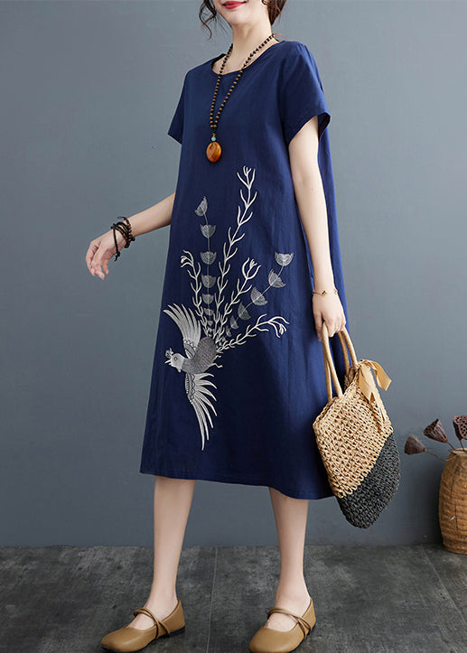 Linen Navy Summer Phoenix Embroidered Boutique Dress