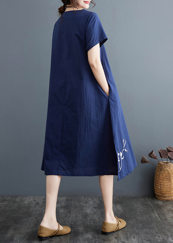 Linen Navy Summer Phoenix Embroidered Boutique Dress
