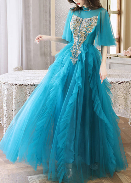 HighWaist Sequins Long Blue Dresses Boutique Half Peacock Sleeve
