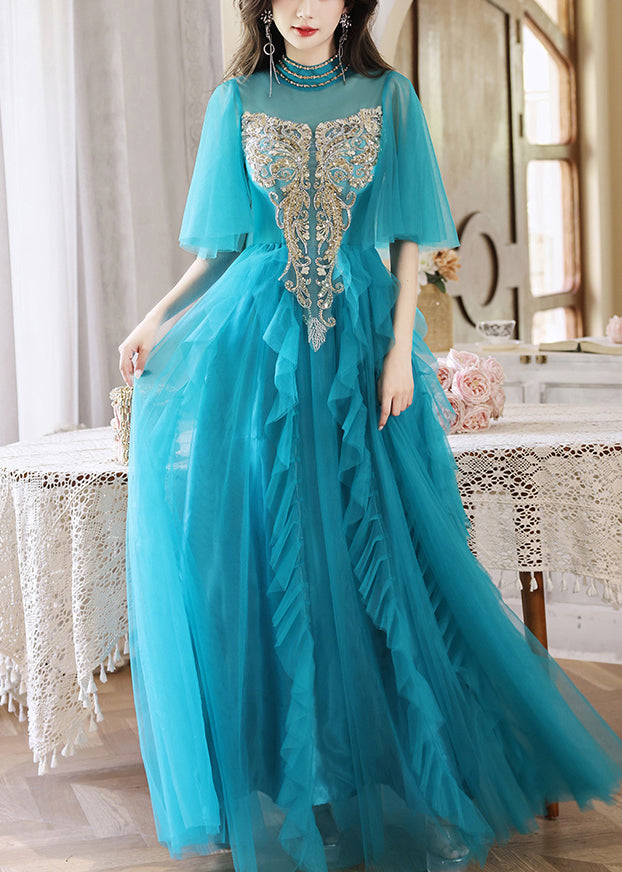 HighWaist Sequins Long Blue Dresses Boutique Half Peacock Sleeve