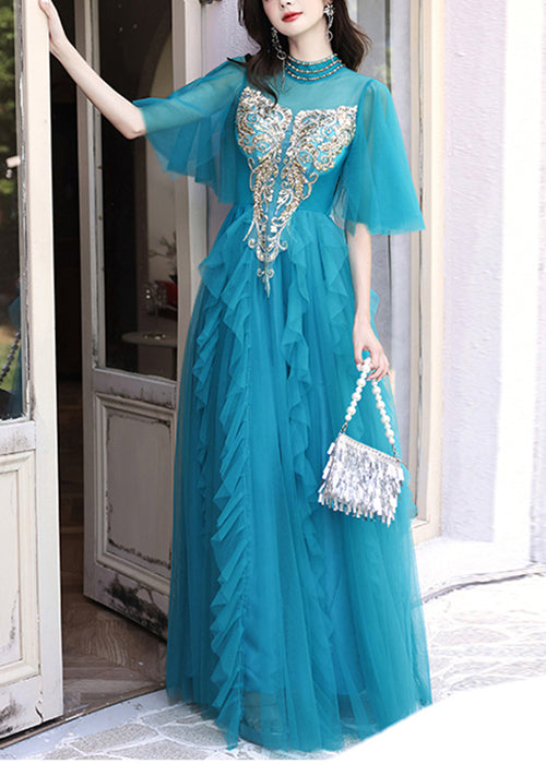 HighWaist Sequins Long Blue Dresses Boutique Half Peacock Sleeve