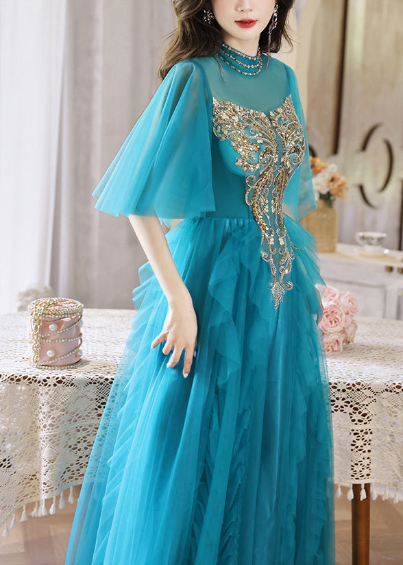 HighWaist Sequins Long Blue Dresses Boutique Half Peacock Sleeve