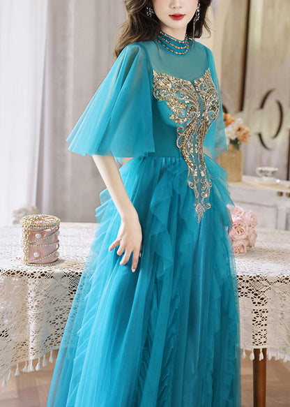 HighWaist Sequins Long Blue Dresses Boutique Half Peacock Sleeve