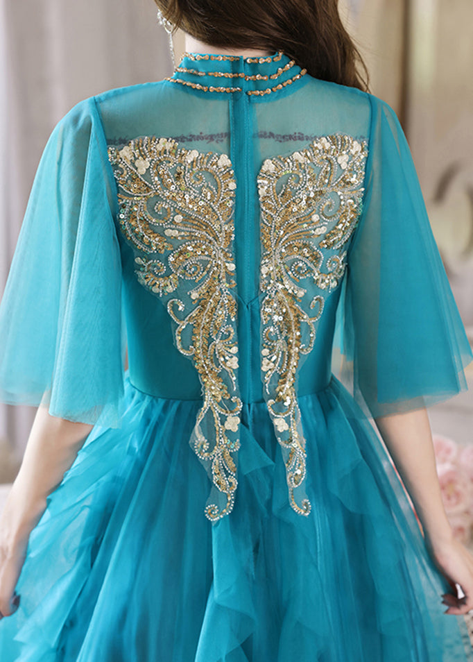 HighWaist Sequins Long Blue Dresses Boutique Half Peacock Sleeve