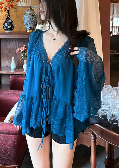 Boutique Peacock Blue V Neck Patchwork Lace Top Flare Sleeve YY003