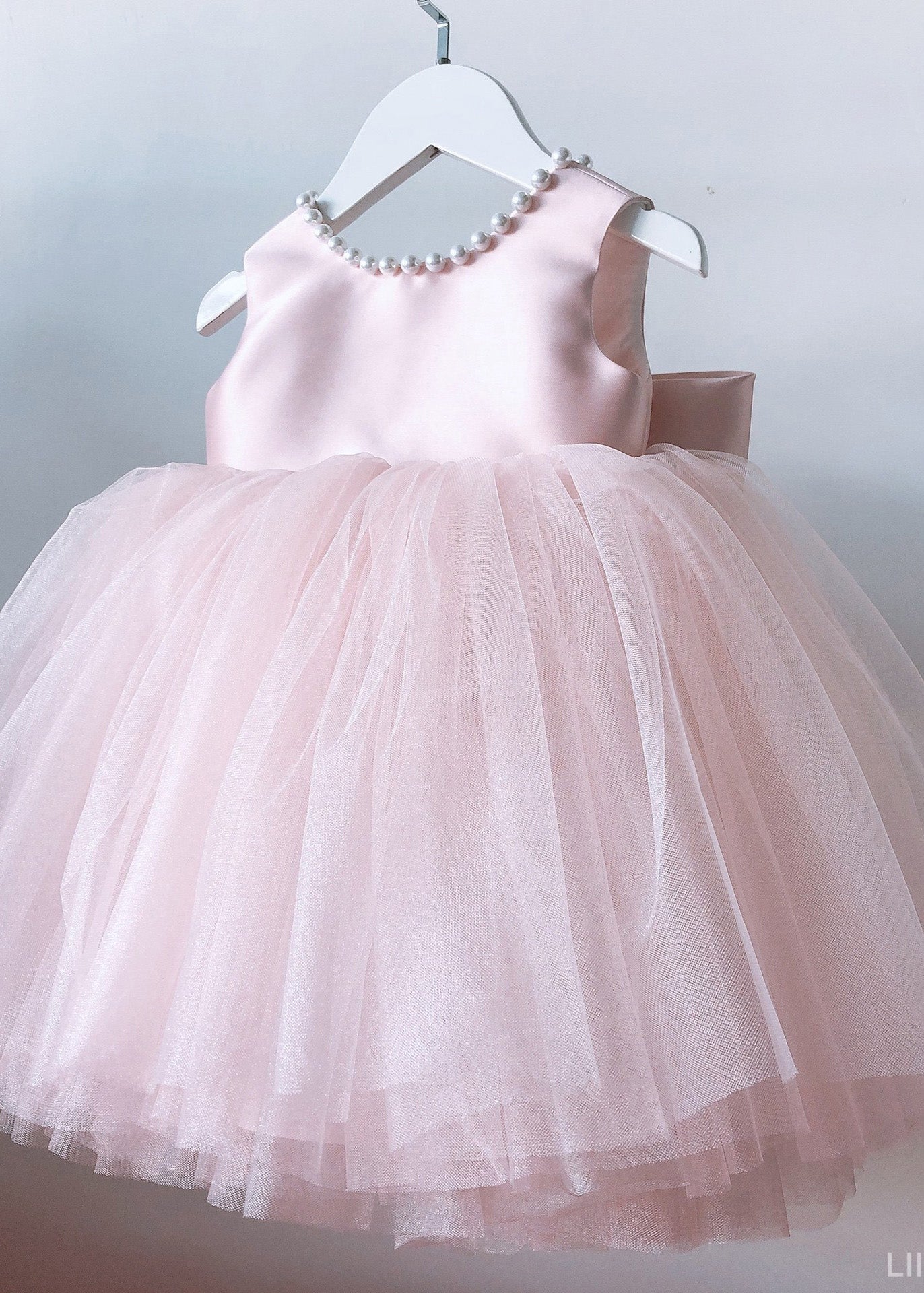 Boutique Pink Nail Bead Bow Tulle Kids Maxi Dresses Sleeveless YS034