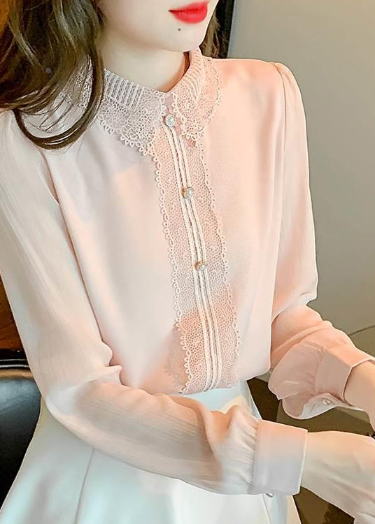 Boutique Collar Pan Shirt Top Cotton Pink Patchwork Peter Lace
